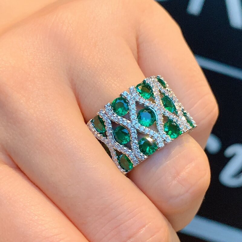 KQDANCE สร้างอัญมณี Emerald Tanzanite พลอยไพลินทับทิมแหวนสีเขียว/สีฟ้า/สีแดง18K สีขาวทองชุบเครื่องประดับสำห...