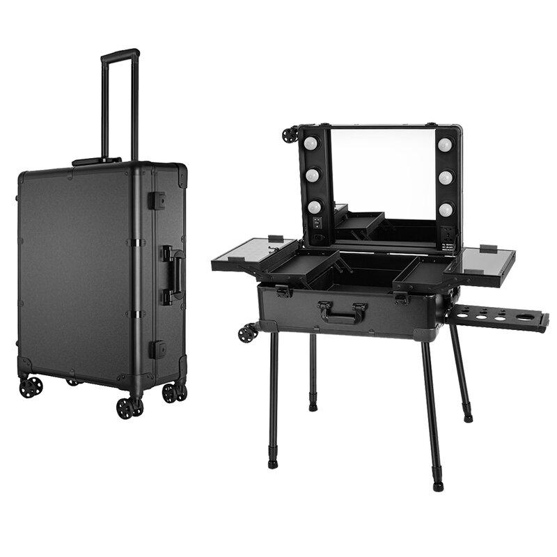 Panana Portable Makeup Station with LED Mirrors Tray 4 Legs Table Free-standing Perfect for Outdoor Studio Artist Making Up