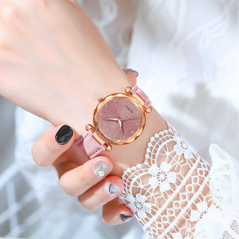 ساعة يد كوارتز نسائية رومانسية مرصعة بالنجوم ساعة يد نسائية ماسية من الجلد فستان بسيط للنساء