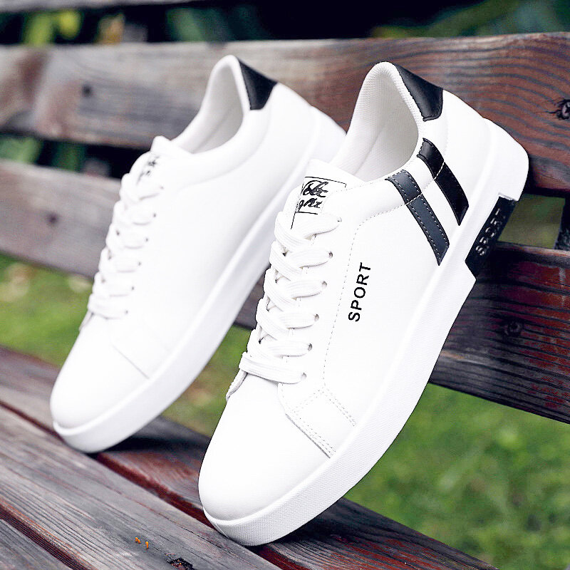 Spring New Lace-up White Men's Sneakers Shoes White Trend Mens Casual Shoes Increase Work PU Waterproof Male Flat Sneakers