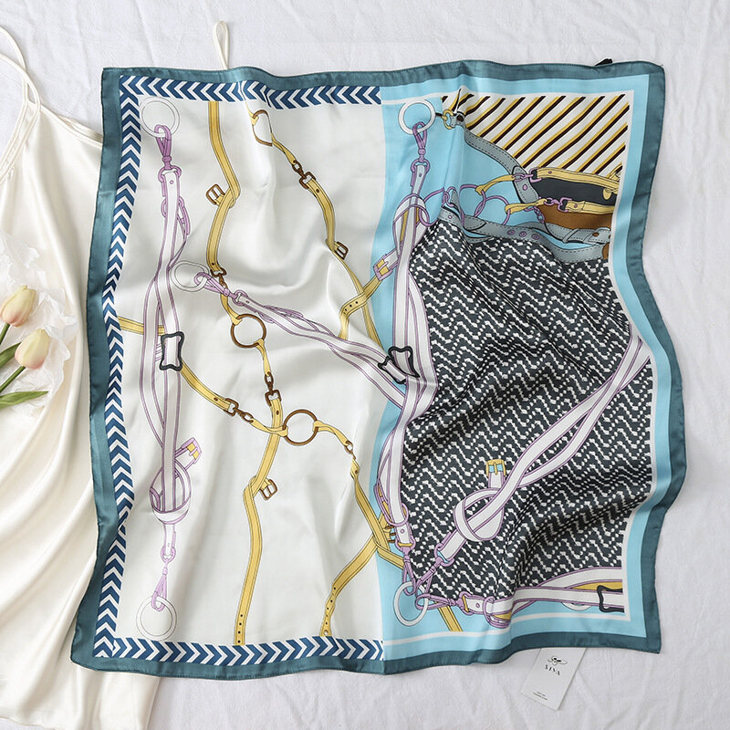 Yishine cachecol de marca feminino, 70*70cm, 4 cores acabamento de seda macia com corrente estampada para primavera e verão 2021