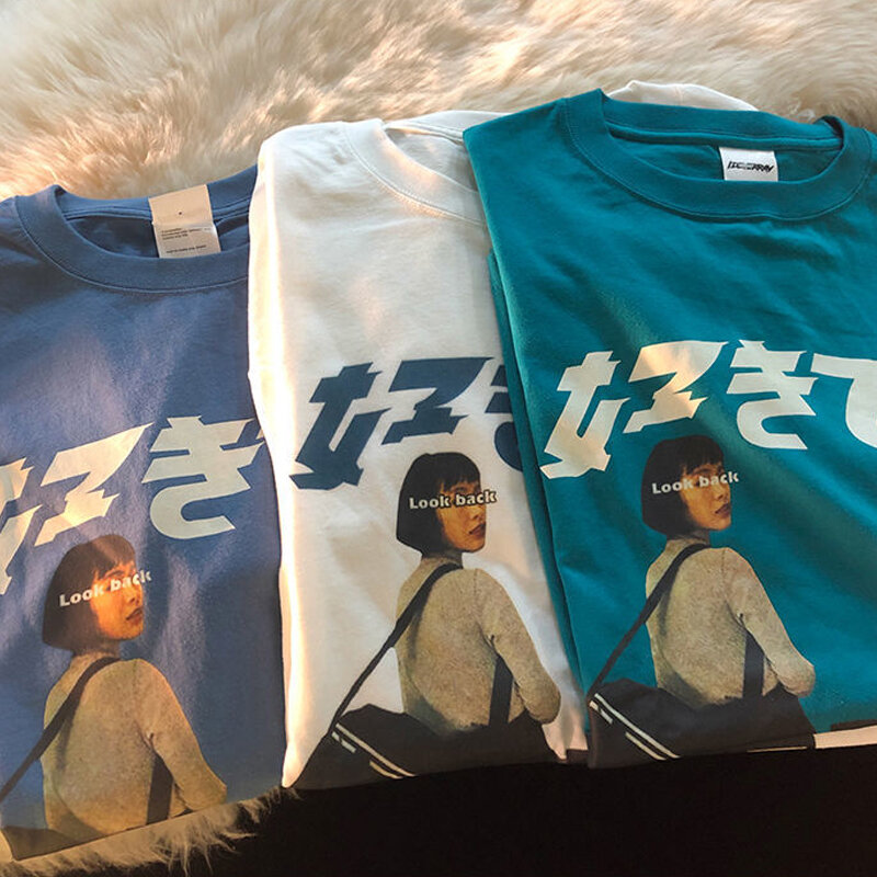 Camiseta de algodão de manga curta 2021cc dos homens do verão da cópia de kanji do japonês da menina de harajuku t
