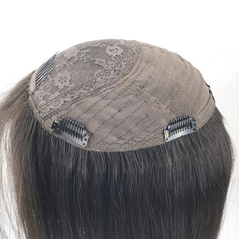 女性のためのクリップ付き人間の髪の毛のかつら,ヨーロッパの聖母ヘアピース,ダークブラウンのトーピー,シルクトップ,同じ髪の長さ,8 "x 8",jewishトッパー