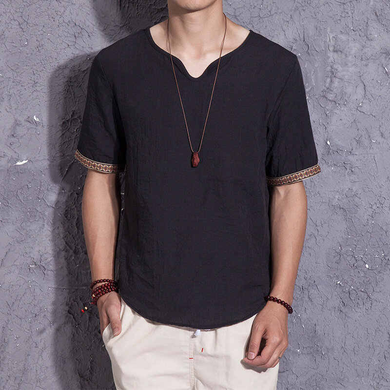New Summer Loose Short Sleeve Large Size T-shirt Chinese Style Linen Men&#39;s Short Sleeve Thin Retro T-shirt