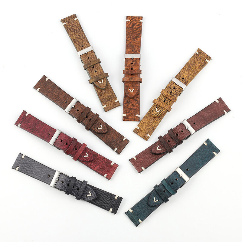 Correa de reloj de cuero Vintage cosida a mano, pulsera de piel de becerro irregular desgastada de 18mm, 20mm, 22mm y 24mm