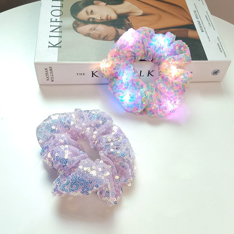Coleteros luminosos LED para niña, cintas elásticas para el pelo, accesorios para el cabello con lentejuelas Multicolor