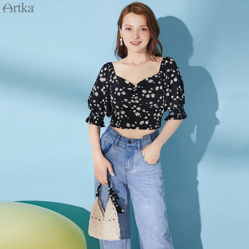 Camisa artka nova série de margaridas feminina, camisa vintage para mulheres com estampa floral chiffon manga curta 2020