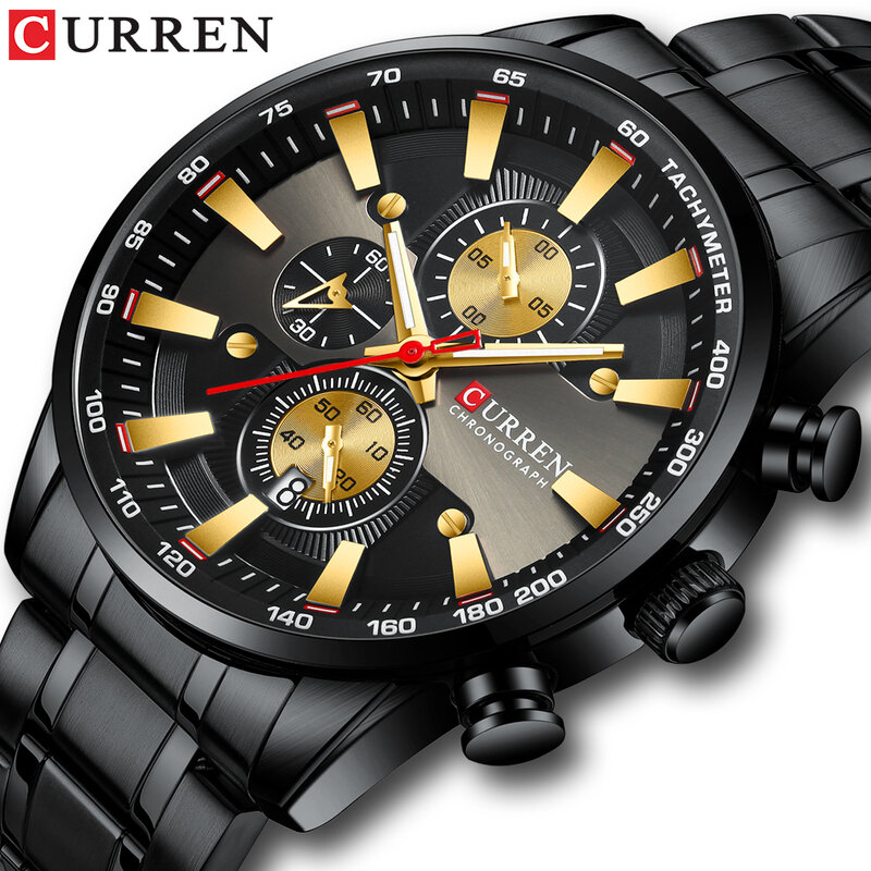 CURREN-cronógrafo relógios de pulso masculino, quartzo, pulseira de aço inoxidável, relógio, ponteiros luminosos, luxo, desportivo