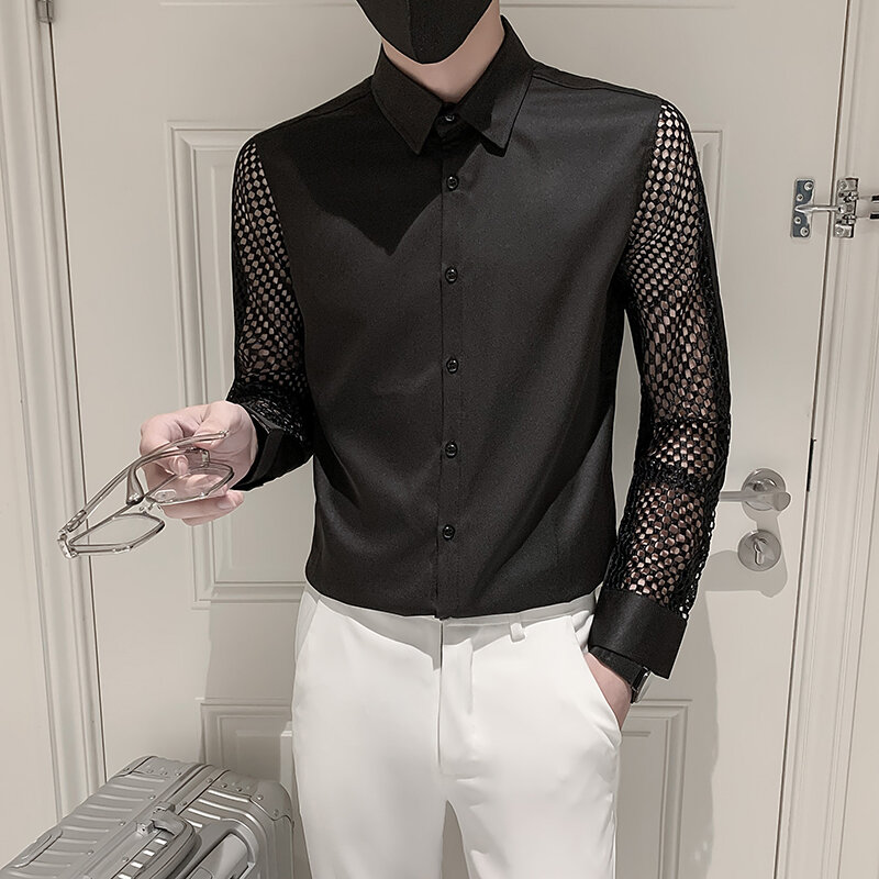 2021เสื้อผ้าแบรนด์ผู้ชายคุณภาพสูงฤดูใบไม้ผลิผ้าฝ้ายแขนยาวเสื้อ/ชาย Slim Fit Lapel Hollow Out ธุรกิจเสื้อ