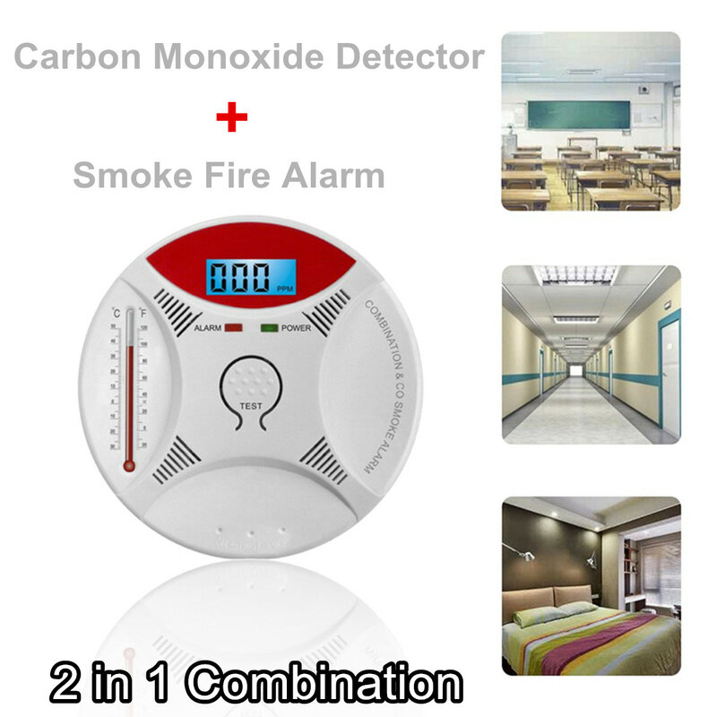 2 em 1 detector de fumaça e co sensor monóxido carbono display led alimentado por bateria alarme incêndio para a segurança em casa