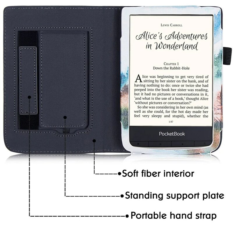 Pokrowiec z podstawką na Pocketbook Touch HD 3/Touch Lux 4 5/Basic 4/Basic Lux 2/633 Color eReader - z paskiem na rękę i funkcją automatycznego usypiania/budzenia