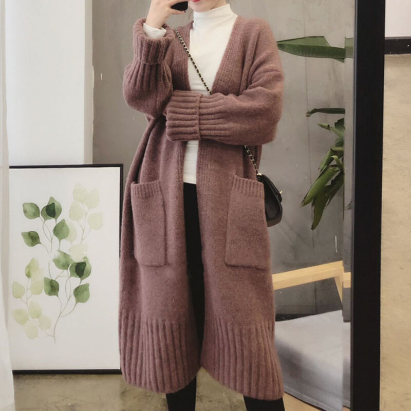 Kardigan zimowy długi sweter damski z długim rękawem damski znosić koreański ciepły dzianinowy płaszcz Jumper 2019 dzianin stylowe topy