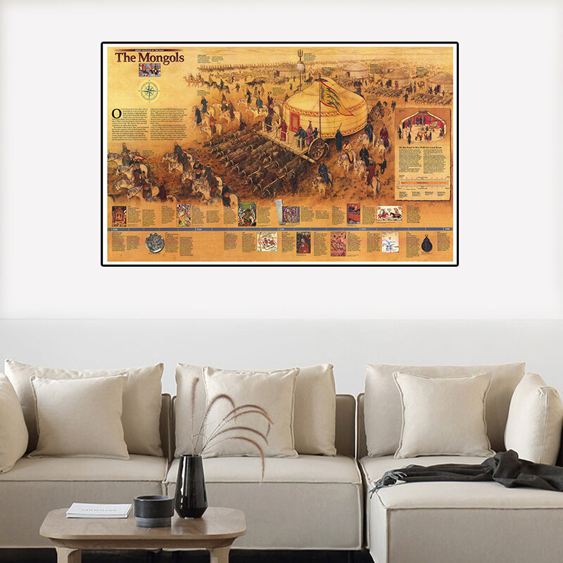 90*60cm The mongoli mappa Vintage tela pittura Retro immagine decorativa Wall Art Poster soggiorno decorazione domestica
