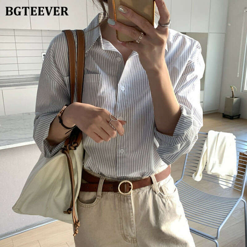 Блузка BGTEEVER Женская в полоску, винтажная Свободная рубашка с отложным воротником и длинным рукавом, повседневный Топ, весна 2021