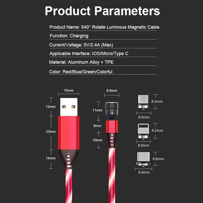 Marjay 540 obrót kabel magnetyczny 3 w 1 ładowarka magnetyczna przepływu świecące LED oświetlenie kabel USB typu C Micro przewód USB do ładowania