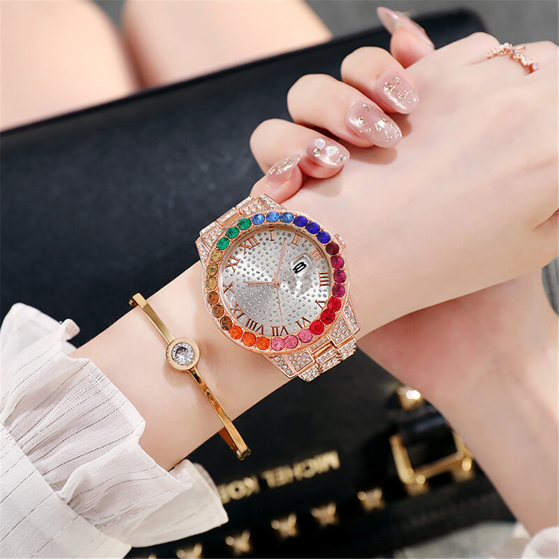 Mode Frauen Uhr mit Voller Diamanten Uhr Damen Luxus Casual frauen Armband Kristall Quarz Armbanduhr Reloj Mujer
