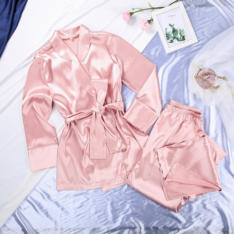 Hiloc rosa cetim pijamas definir conjuntos de robe feminino sleepwear seda casa terno faixas três quartos manga robes solto dividir calças 2022
