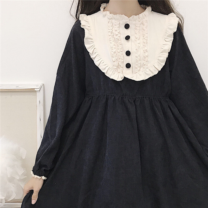 2020 japanischen Lolita Stil Herbst Winter Frauen Kleid Rüschen Kragen Schwarz Gothic Kleid Nette Kawaii Rüschen Cosplay Kleid Mit