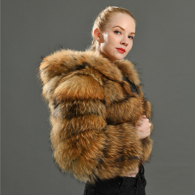 Luxury Real Women Raccoon Fur Coats with Fur Hood Jacket Short Style Fashion Female Winter Thick Warm Genuine Fur Outerwear
