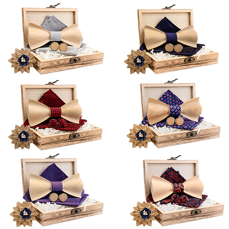 Baru 3D Kayu Maple Kayu Dasi Kupu-kupu untuk Pria Sutra Saku Persegi Manset Bros Set Suit Pernikahan Dasi Kupu-kupu Aksesoris Hadiah dasi