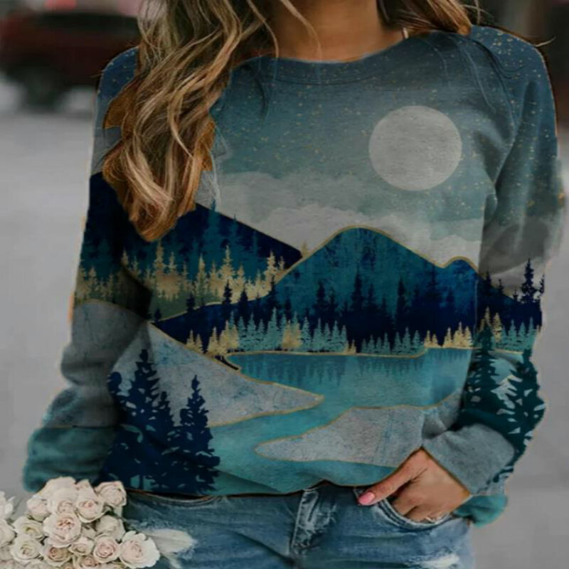 Damska bluza z kapturem Bodywear jesień z długim rękawem Top krajobraz odbicie drukowanie wokół szyi Casual luźna moda damska Top