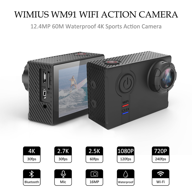 WIMIUS 와이파이 액션 스포츠 카메라 4K Ambarella 프로세서 울트라 HD 액션 캠 60m 수중 방수 오토바이 헬멧 카메라