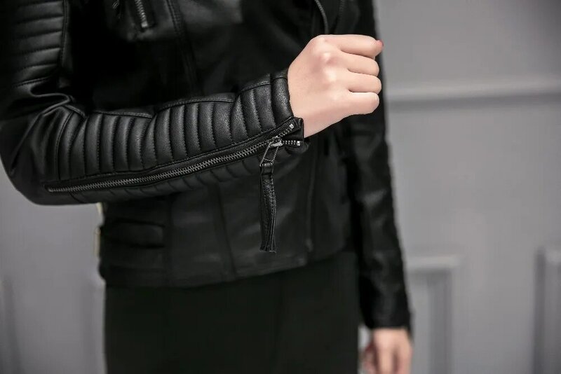 ผู้หญิง Faux หนังแจ็คเก็ตใหม่แฟชั่น Streetwear ฤดูหนาวสีดำ Blazer Zippers เสื้อรถจักรยานยนต์ Biker Overcoat