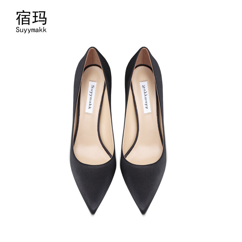 Wiosna 2022 prawdziwej skóry marki czarny jedwab pompy szpilki moda Pointed Toed cienki obcas eleganckie buty biurowe 8cm