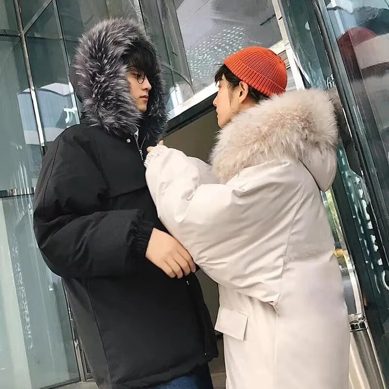 Sólido y2k casual gola de pele inverno quente hoodise mulheres alta rua bolso carga parkas casais solto engrossar coreano jaqueta feminina