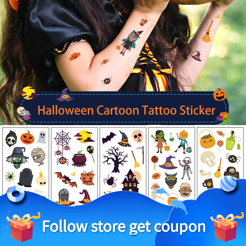 10PCS Halloween Cartoon Tattoo Sticker Waterproof Temporary Body Transfer Pumpkin Lantern Candy Ghost Children Kid Toy Gift Adul