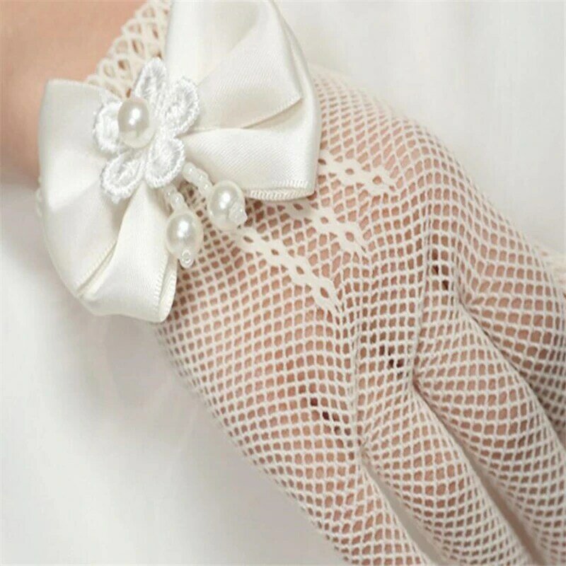 Lace Faux Pearl Fishnet Gloves Touch Screen Communion Flower For 4-15 Years Bride Party Ceremony Driving Gloves 4-15Year