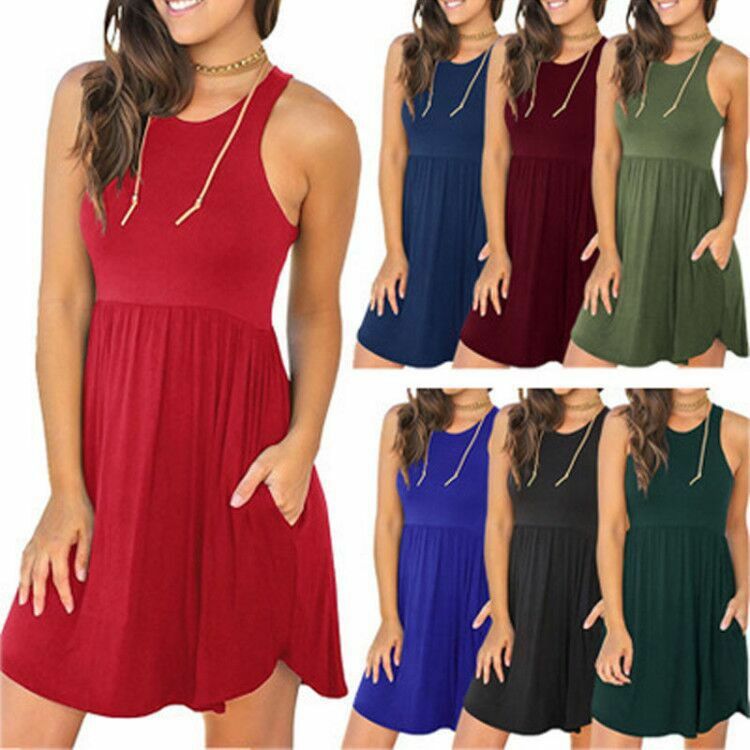 봄과 여름 라운드 넥 민소매 조끼 포켓 솔리드 컬러 드레스