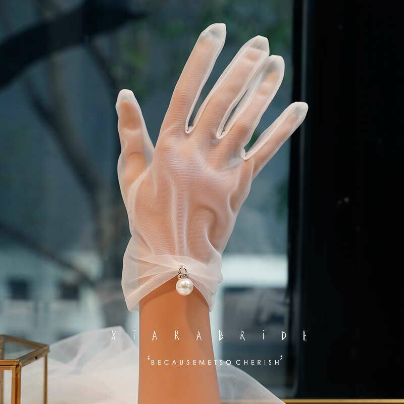 Guantes cortos de gasa de encaje para mujer, manoplas transparentes a prueba de rayos UV, color Beige, para boda y verano, R5, 2018