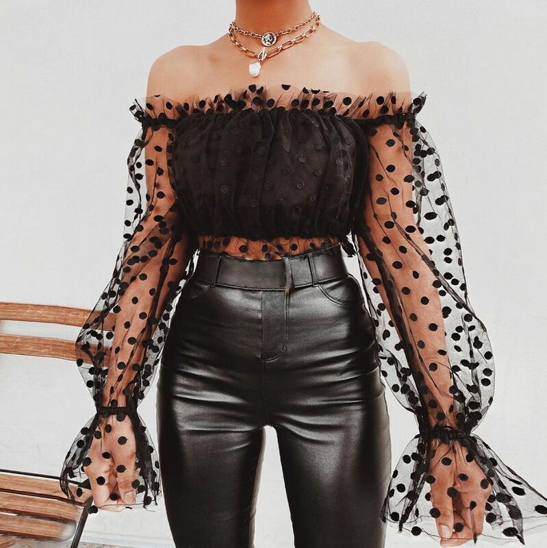 Polka Dot Larten Sleeves Off Shoulder Crop Tops Blouse See Through Mesh Tulle Patchwork Sexy Clubwear Night Date Out for Women