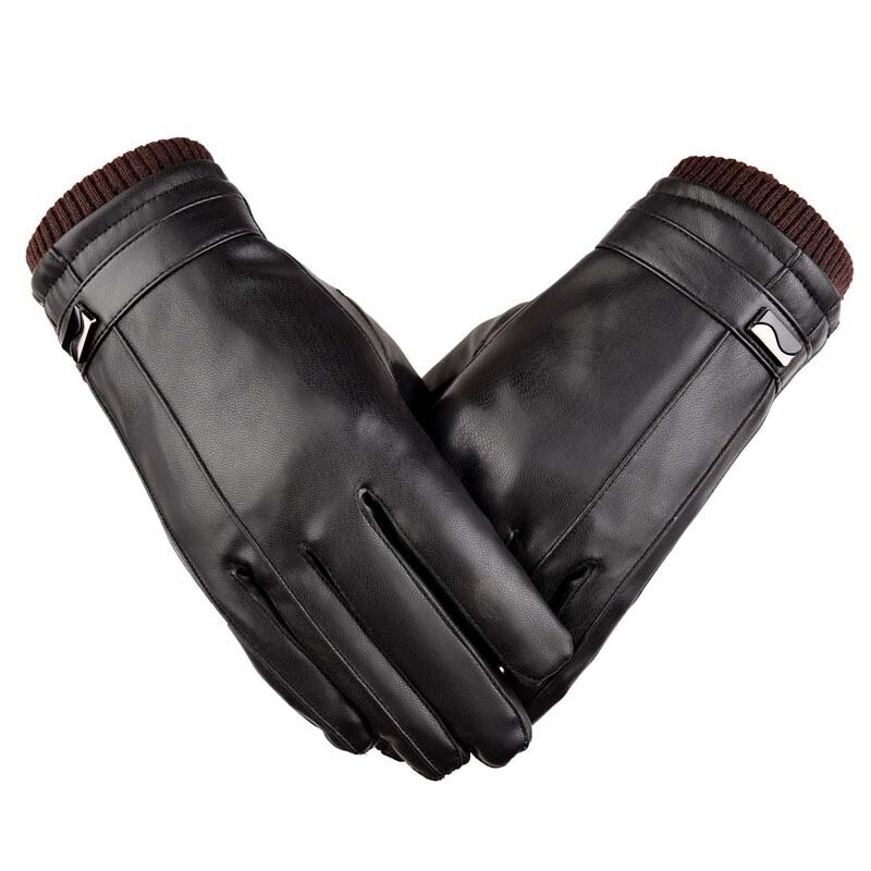 PU leather gloves ladies winter warm plus velvet touch screen thick gloves