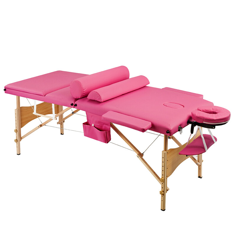 Conjunto de mesa de massagem portátil dobrável com 3 seções para salão de beleza, conjunto de móveis rosa de largura 70cm de largura