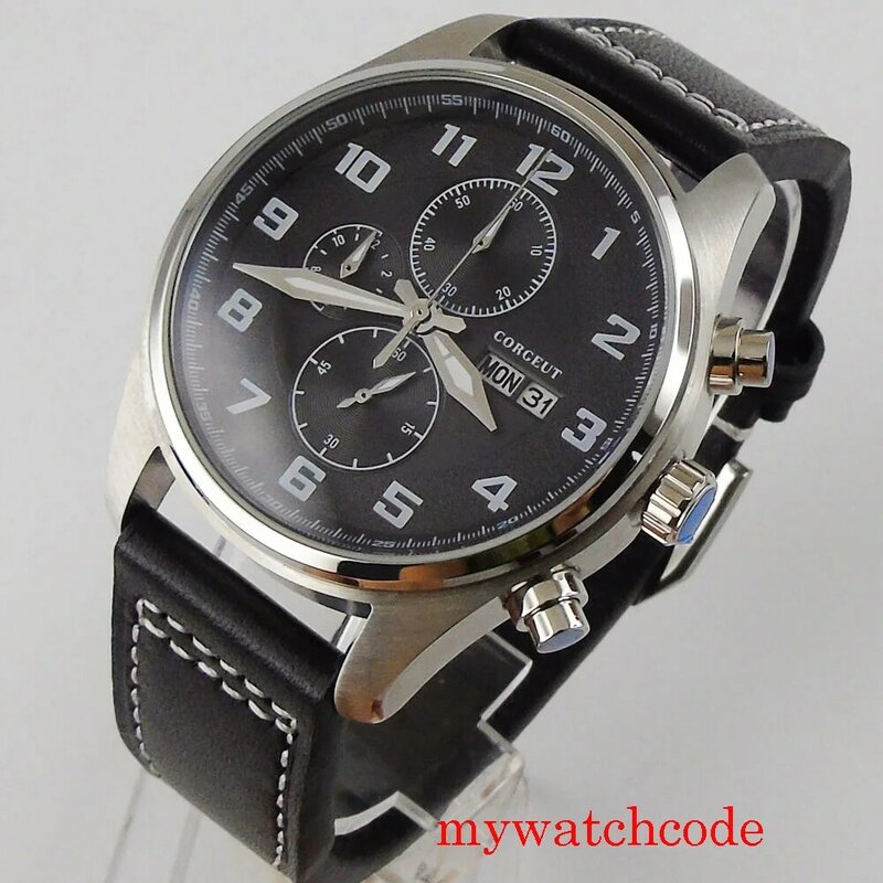 CORGEUT-Reloj de pulsera clásico para hombre, cronógrafo con movimiento de cuarzo mecánico de 42mm, con correa de cuero y fecha para el día de la semana
