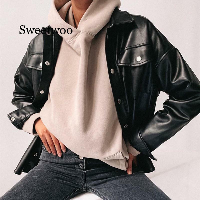 Streetwear Black PU Leather Blouse Women Cardigan Buttons Fashion Women's Shirt Top Long Sleeve Solid Leather Blouses