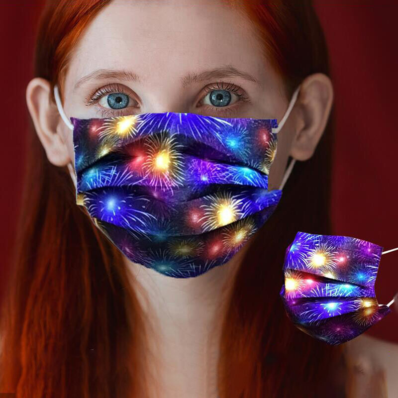 Mascarilla facial desechable para adultos y niños, Máscara protectora de 3 capas con estampado de fuegos artificiales de Año Nuevo, 10/100 Uds.