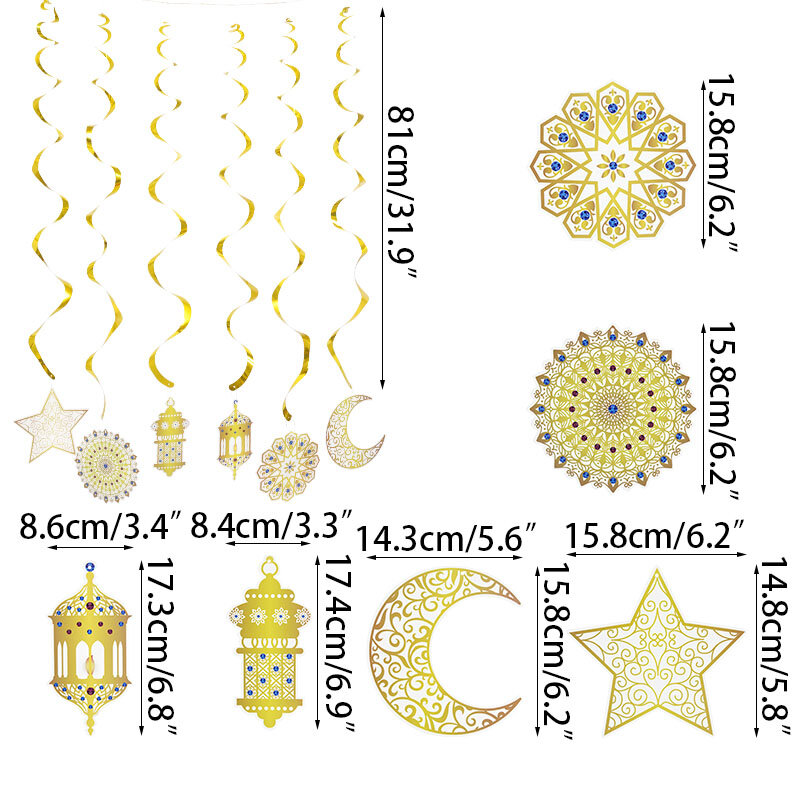 Pendentif en spirale or Eid Mubarak, 6 pièces, bannière de lune étoile, ornement Mubarak, décoration du Ramadan, décoration de salle de maison en macramé