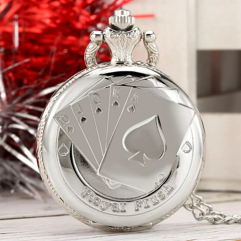 Silver Poker Pocket Watch Clock Exquisite Cover Poker Stars Roman Numerals Quartz Dial Necklace Slim Chain Watch Gift for Friend