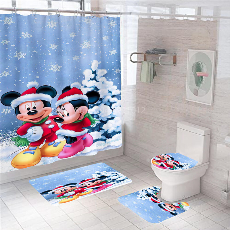 Disney-cortina de baño con dibujos animados de Mickey y Minnie Mouse, 180x180cm, 1 unidad/4 piezas w/12 ganchos, para ducha, alfombrilla de inodoro, tapa, alfombra, juegos de cortinas