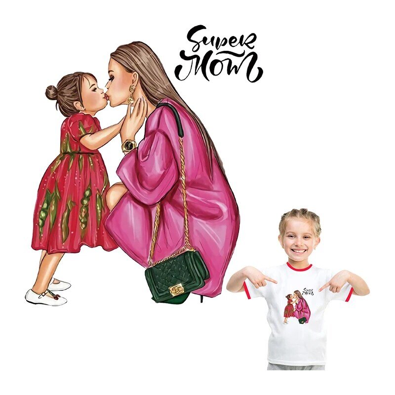 女性のための大きな縞模様のTシャツ,母と女の子のための,印刷されたストライプの服,アイアンパッチ,新しいコレクション