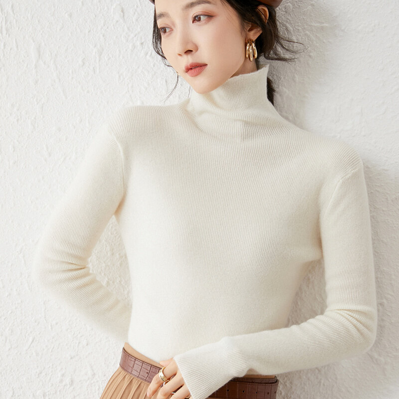 Suéter de lana pura para mujer, Jersey plano de cuello alto de Color puro, informal, ajustado, con temperamento, Tops de manga larga 2022