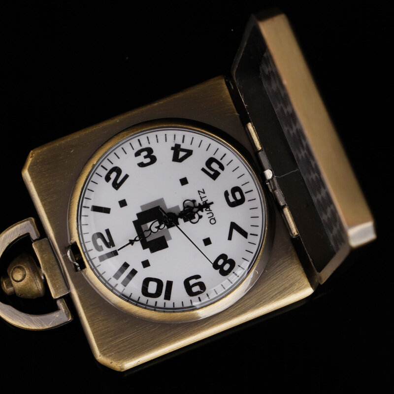 Reloj de bolsillo cuadrado de bronce para hombres y niños, diseño de signo de interrogación grande, cadena con forma de caja de juego, relojes de bolsillo de cuarzo Fob, regalos