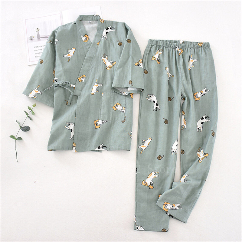 2PCS Japanischen Liebhaber Kleidung Set Kawaii Katze Gedruckt Kimono Yukata Dampfenden Tragen Pyjamas Mann Frau Bademantel Nachthemd Japan