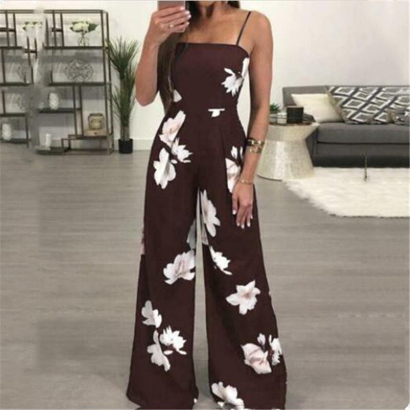Women Summer Loose Jumpsuit New Floral Printed Sleeveless Wide Legs Trousers Playsuit Female Fashion Sling Long Rompers Hot Sale