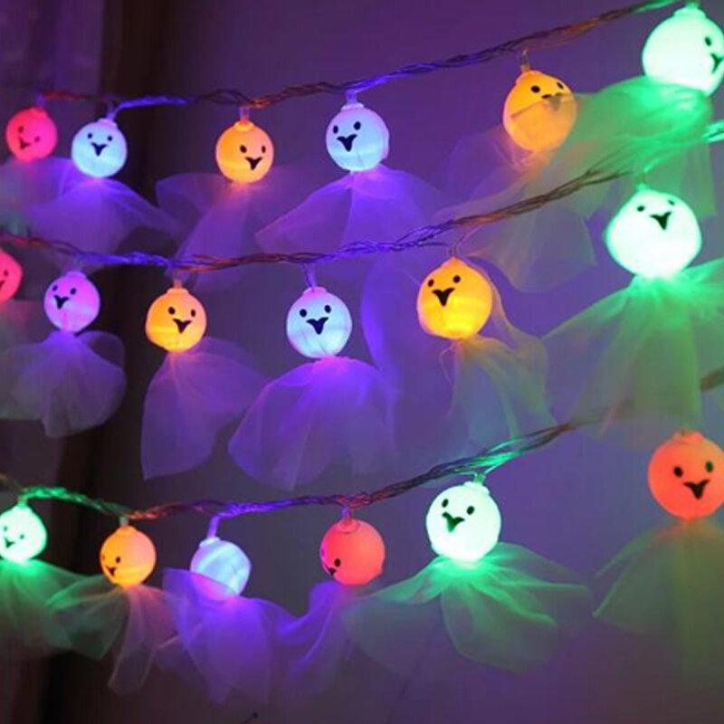 Halloween fantasma barato led luzes da corda esqueleto tecido grimace luzes da corda com bateria led para festa de halloween festivais