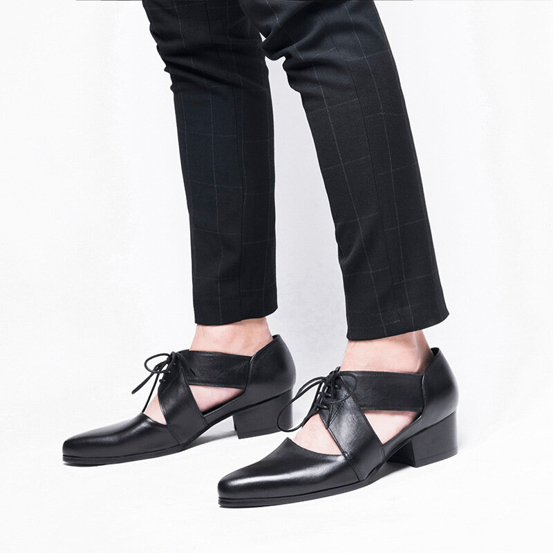 Salto alto sandálias de couro genuíno dos homens verão apontou toe oco para fora sandálias vestido casual sapatos preto rendas até calçados 2019 novo
