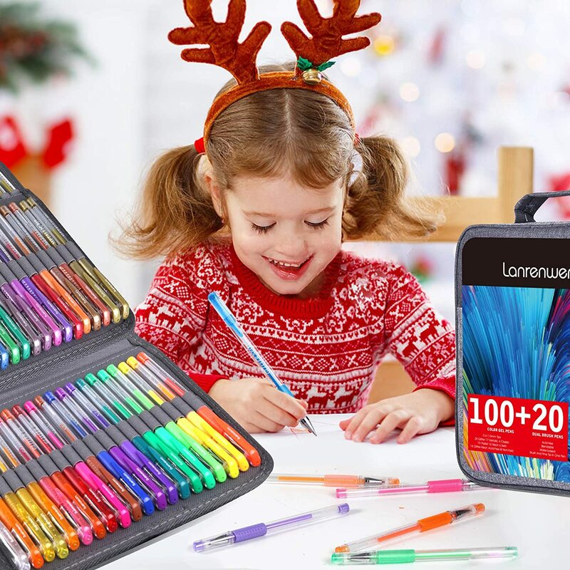 Hadiah Natal Baru Set Pena Gel 12/24 100 Pena Gel Berwarna Pena Gel Glitter Ujung dengan Tas Kanvas Buku Mewarnai untuk Anak Dewasa